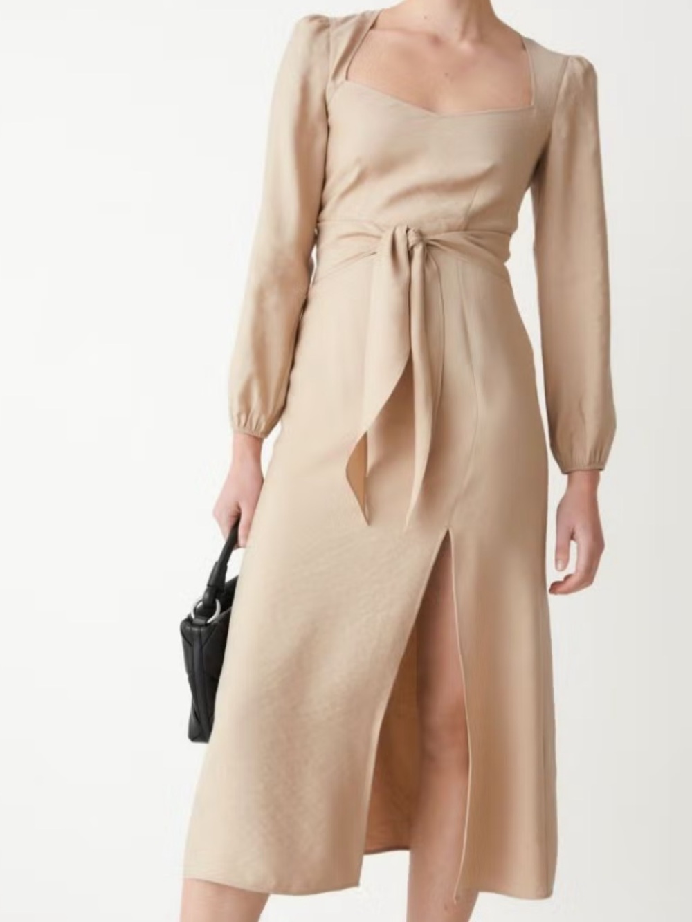 & Other Stories Beige Square-Neck Tie-Waist Midi Dress with Front Side Slit